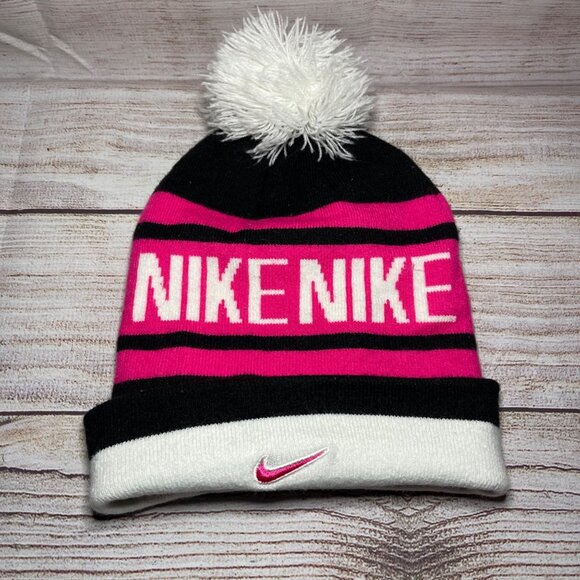 Vintage Nike Pom Pom Beanie Hat Cap Spell Out PinkBlack White Striped Y2K - Picture 1 of 3